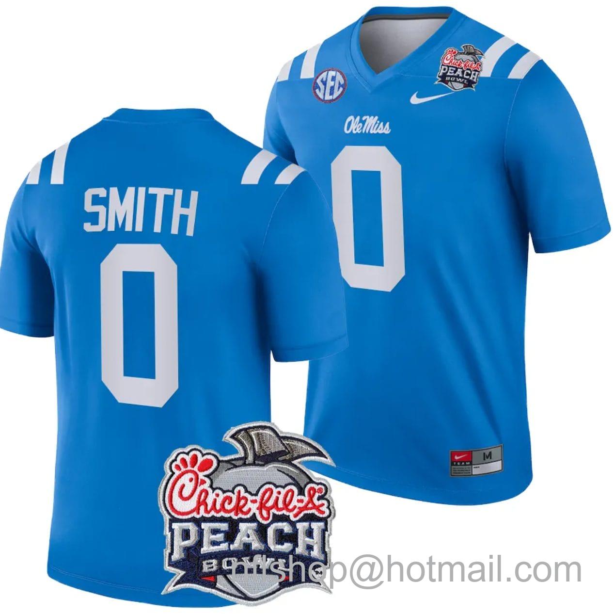 Men's Nike Deion Smith Jersey #0 Ole Miss Rebels Peach Bowl Patch 2024 College Football Blue