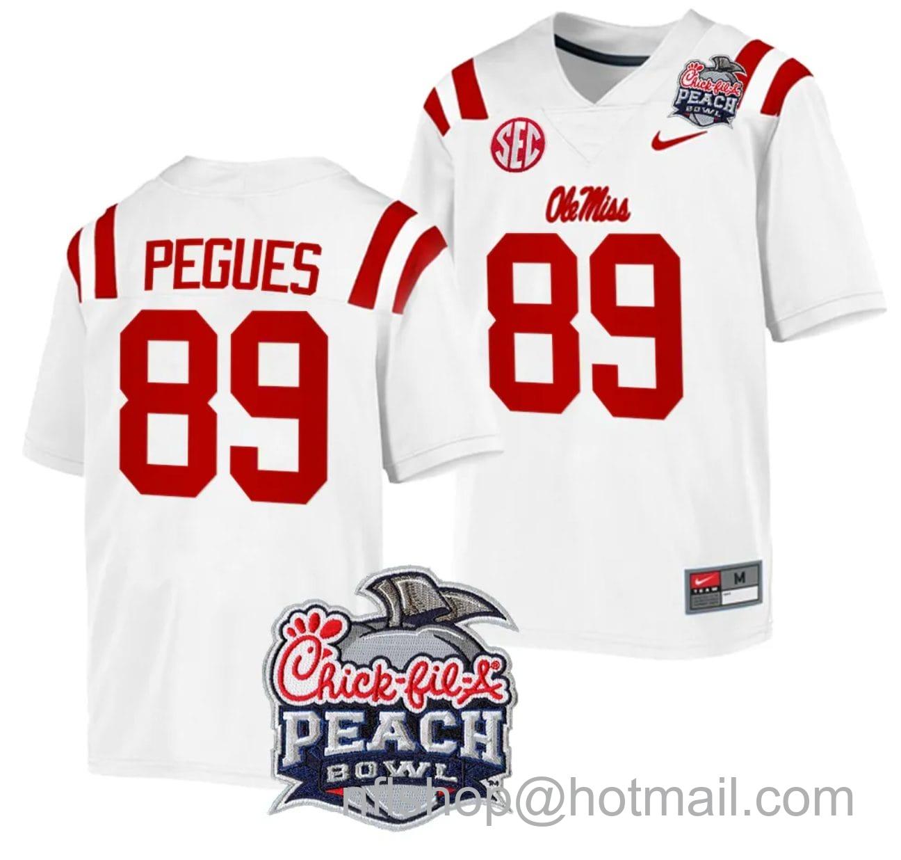 Men's Nike JJ Pegues Jersey #89 Ole Miss Rebels Peach Bowl Patch 2024 College Football White