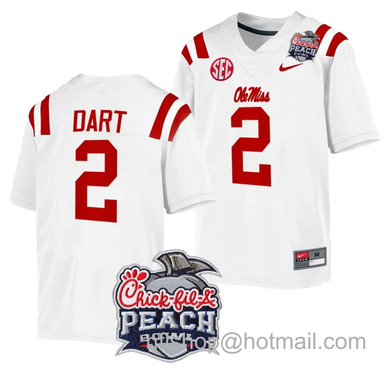 Men's Nike Jaxson Dart Jersey #2 Ole Miss Rebels Peach Bowl Patch 2024 College Football White