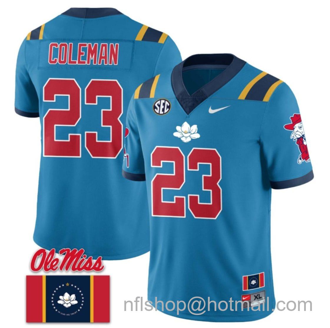 Men's Nike Khari Coleman Jersey #23 Ole Miss Rebels Football Ole Miss Flag All Stitched Blue 2