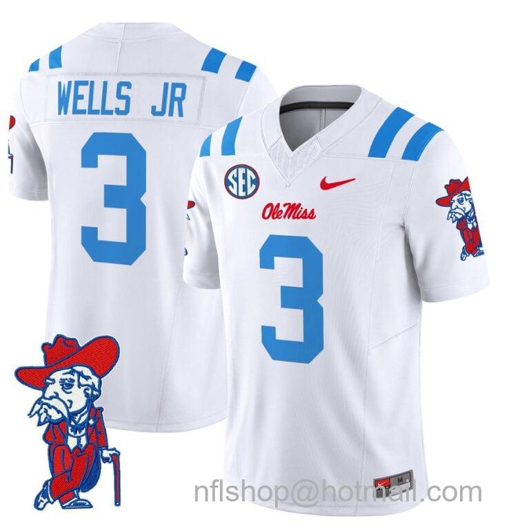 Men's Nike Antwane Wells Jr Jersey #3 Ole Miss Rebels Vapor Limited College Football Stitched 2024 White