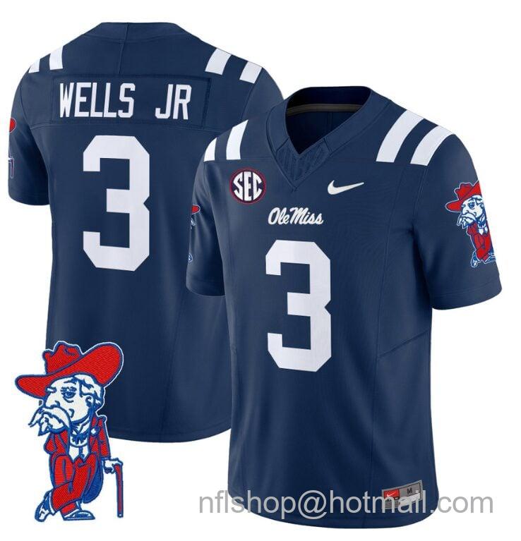 Men's Nike Antwane Wells Jr Jersey #3 Ole Miss Rebels Vapor Limited College Football Stitched Navy