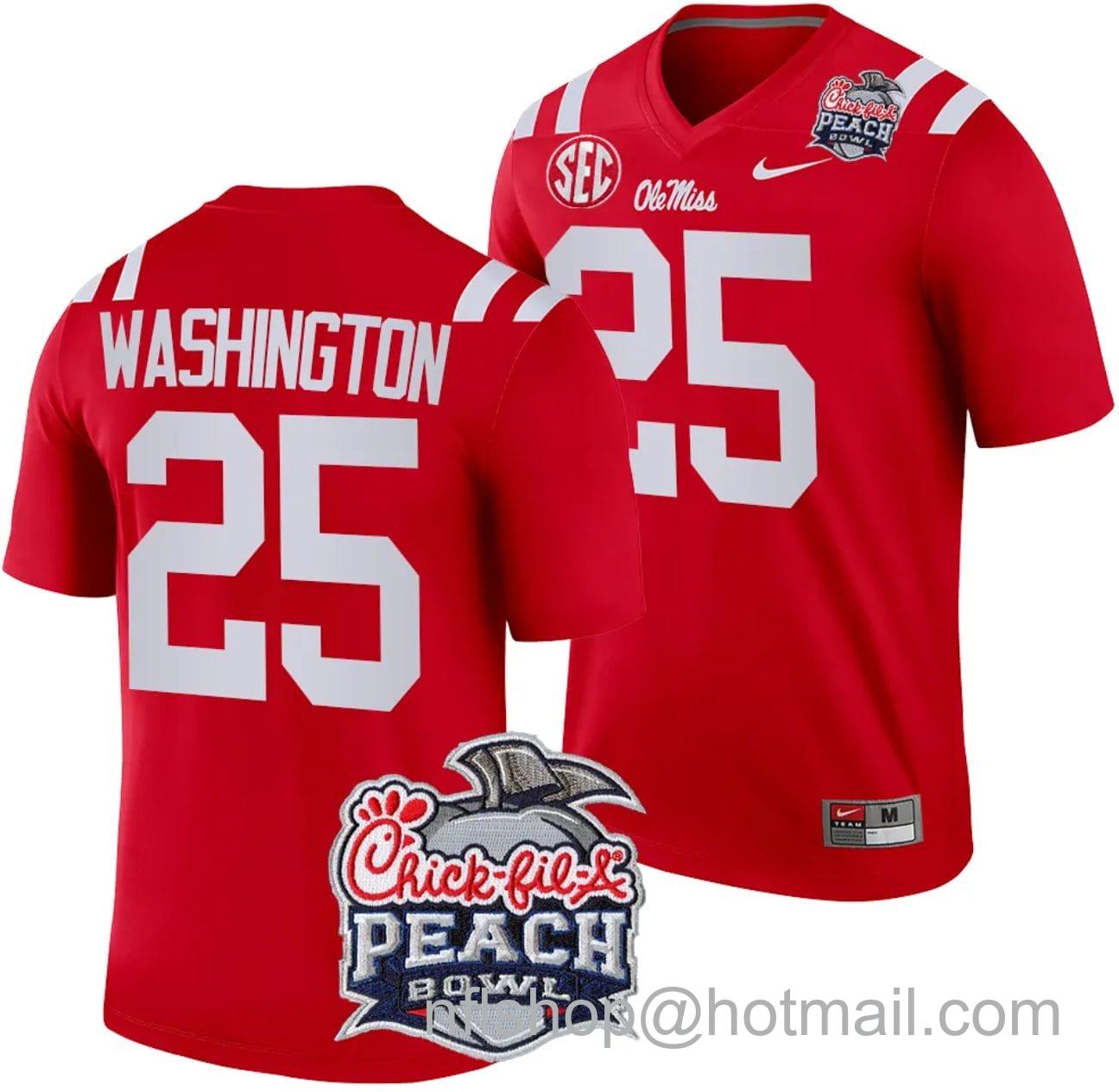 Men's Nike Trey Washington Jersey #25 Ole Miss Rebels Peach Bowl Patch 2024 College Football Red