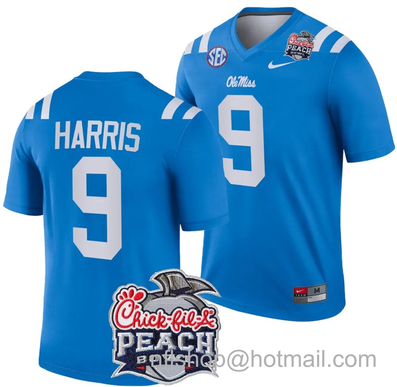 Men's Nike Tre Harris Jersey #9 Ole Miss Rebels Peach Bowl Patch 2024 College Football Blue