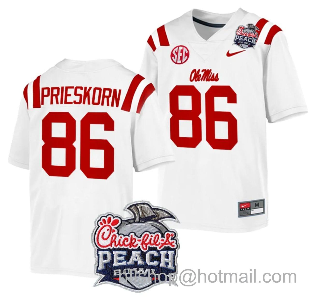 Men's Nike Caden Prieskorn Jersey #86 Ole Miss Rebels Peach Bowl Patch 2024 College Football White