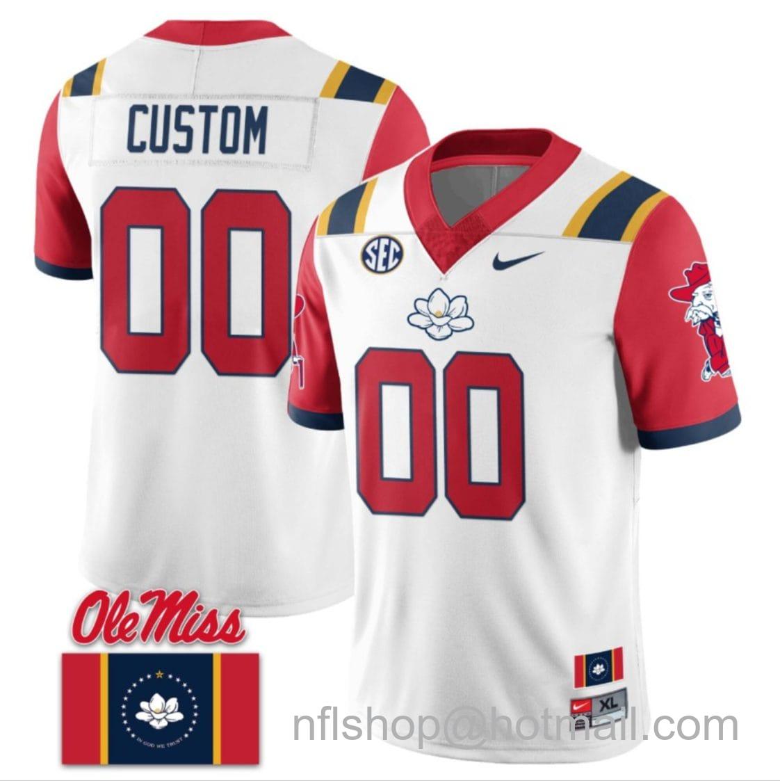 Men's Nike Custom Ole Miss Rebels Jersey Name and Number Football Flag Patch All Stitched White 2