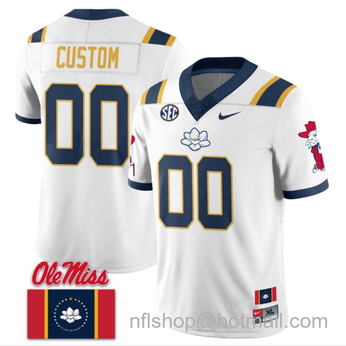 Men's Nike Custom Ole Miss Rebels Jersey Name and Number Football Flag Patch All Stitched White 1