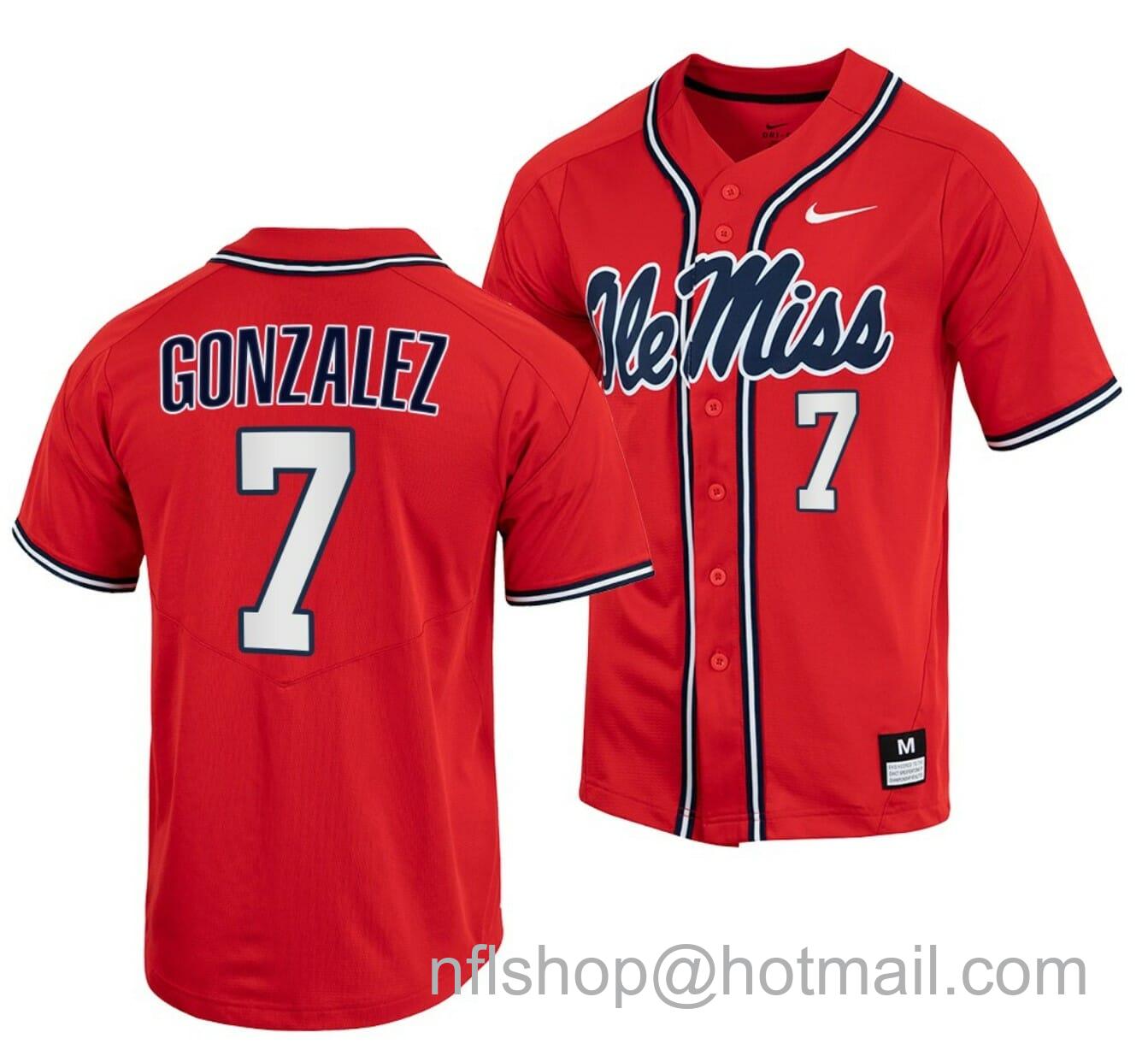 Men's Nike Jacob Gonzalez Jersey Ole Miss Rebels College Baseball Red #7