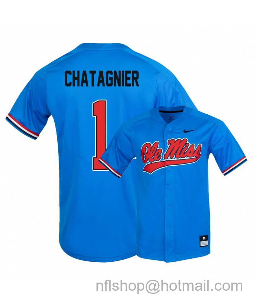 Men's Nike Ole Miss Rebels 1 Peyton Chatagnier Blue College Baseball Jersey