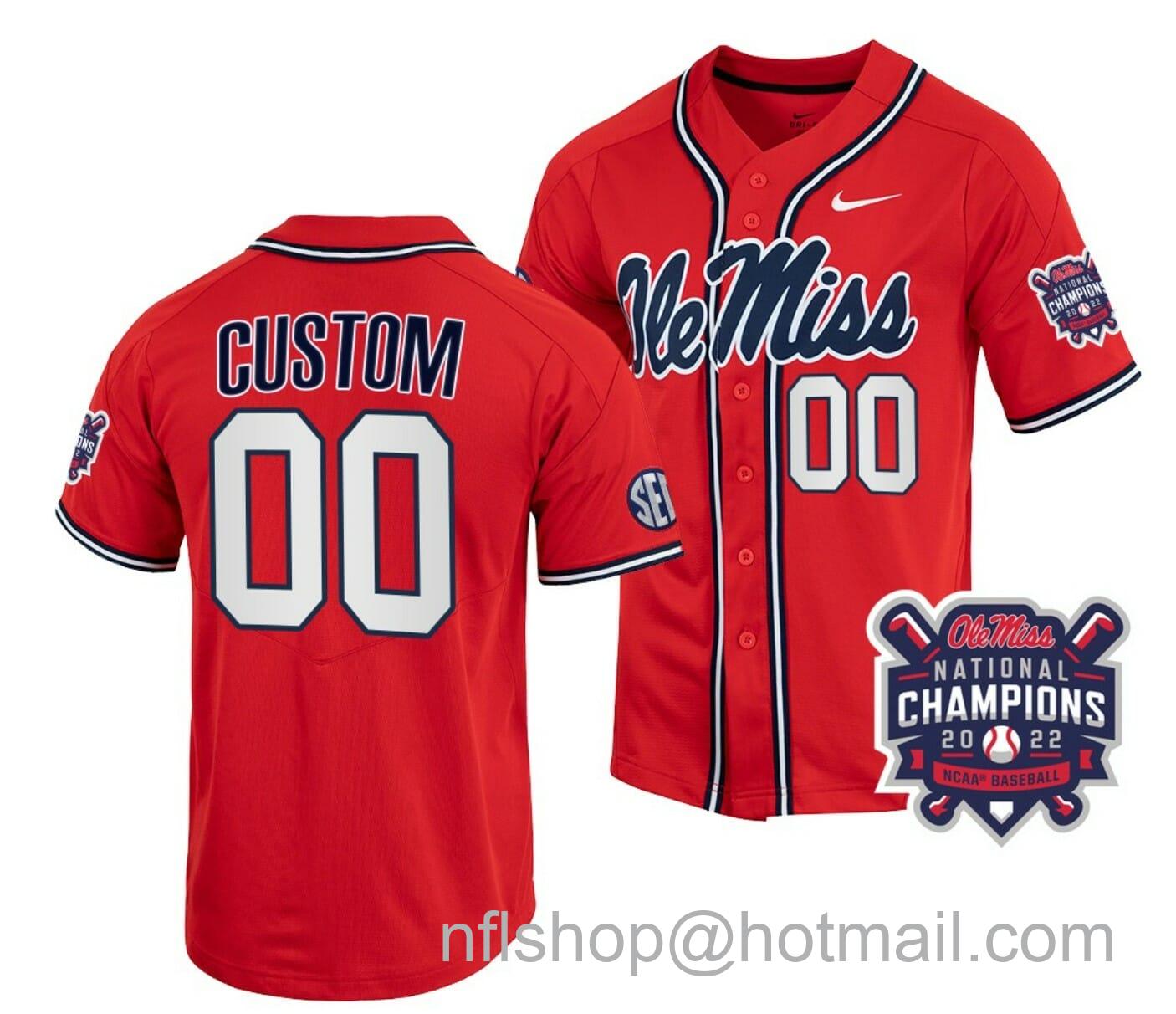 Men's Nike Custom Ole Miss Rebels Baseball Jersey Name and Number NCAA 2022 College World Series Champions Red