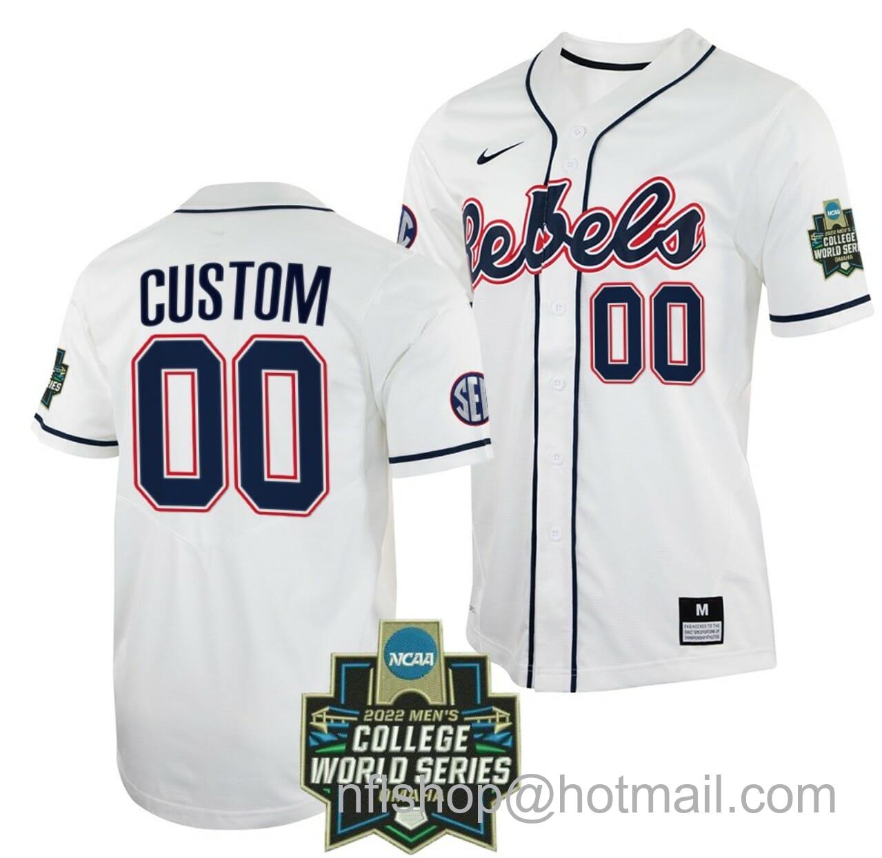 Men's Nike Custom Ole Miss Rebels Baseball Jersey Name and Number NCAA 2022 College World Series White