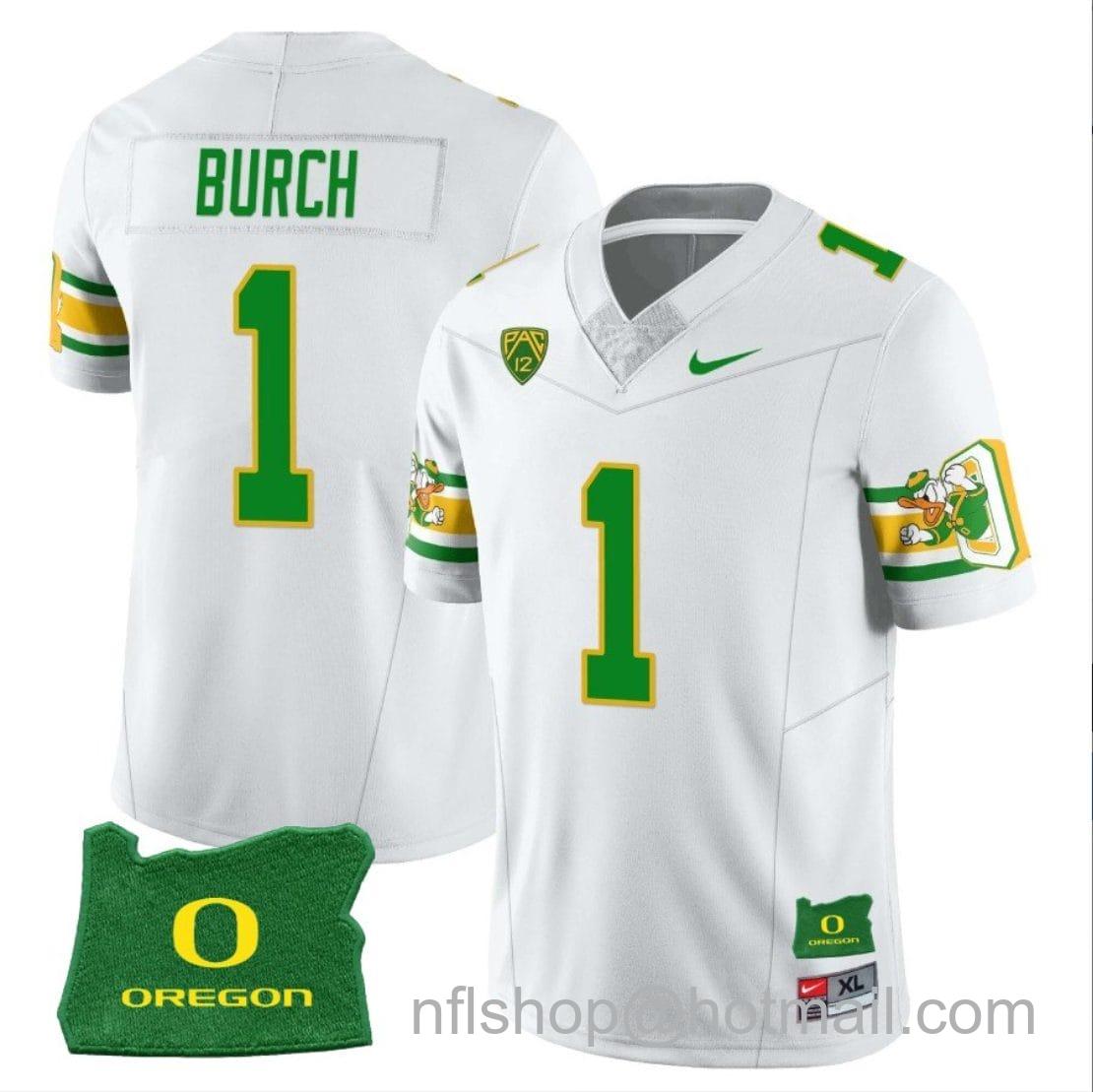 Men's Nike Jordan Burch Jersey #1 Oregon Ducks ‘Mighty Oregon’ Throwback Football Uniforms Oregon State Patch White