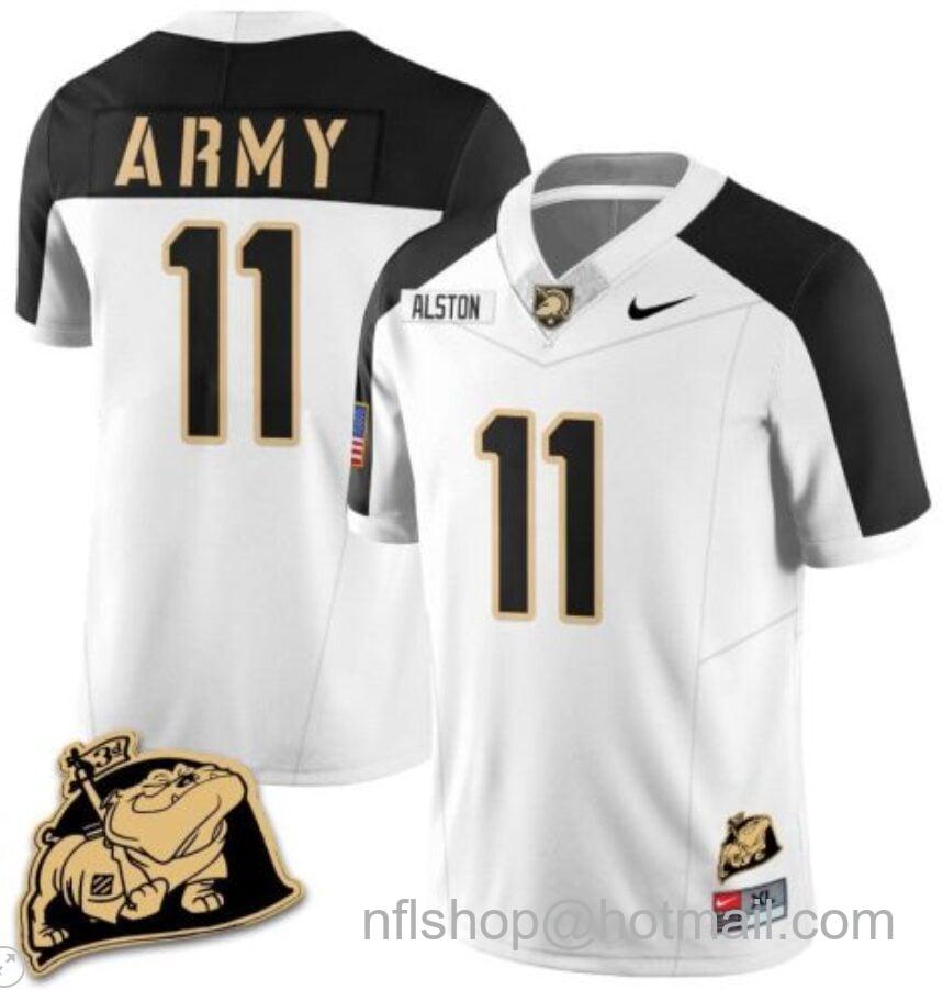 Men's Nike Isaiah Alston Jersey #11 Army Black Knights Jersey Rocky The Bulldog Patch Vapor Limited College Football Stitched White Alternate