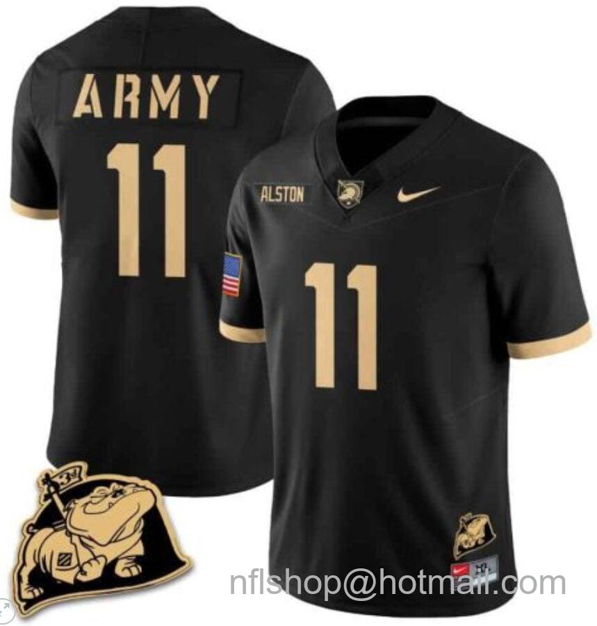 Men's Nike Isaiah Alston Jersey #11 Army Black Knights Jersey Rocky The Bulldog Patch Vapor Limited College Football Stitched Black