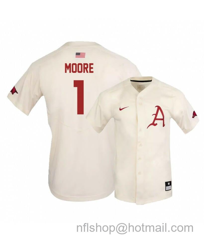 Men's Nike Arkansas Razorbacks 1 Robert Moore White Elite Baseball Jersey