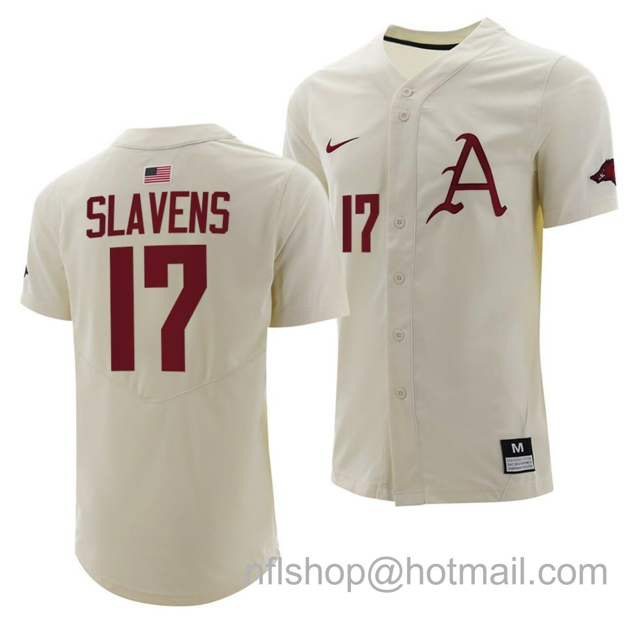 Men's Nike Brady Slavens Jersey Arkansas Razorbacks College Baseball Full-Button Natural #17