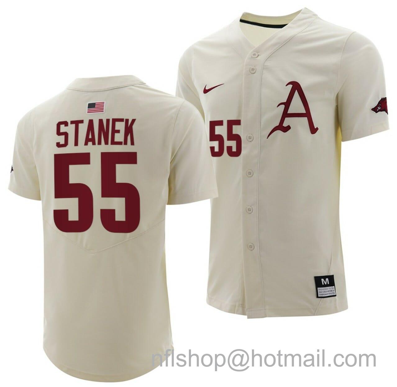 Men's Nike Ryne Stanek Jersey Arkansas Razorbacks College Baseball Full-Button Natural #55