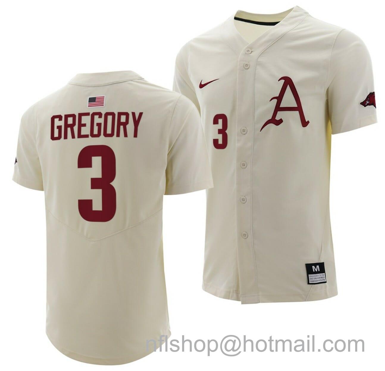 Men's Nike Zack Gregory Jersey Arkansas Razorbacks College Baseball Full-Button Natural #3