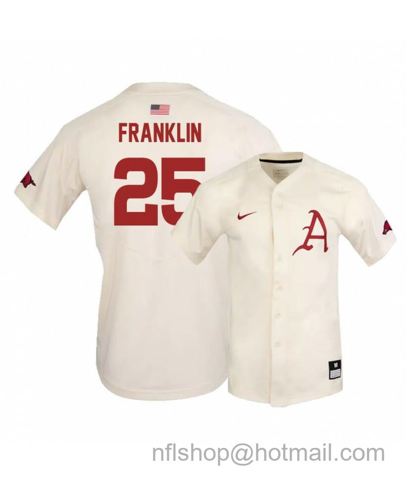 Men's Nike Arkansas Razorbacks 25 Christian Franklin Cream Elite Baseball Jersey