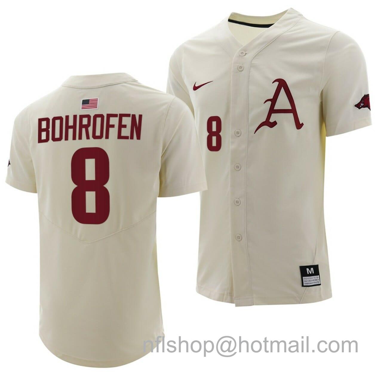 Men's Nike Jace Bohrofen Jersey Arkansas Razorbacks College Baseball Full-Button Natural #8