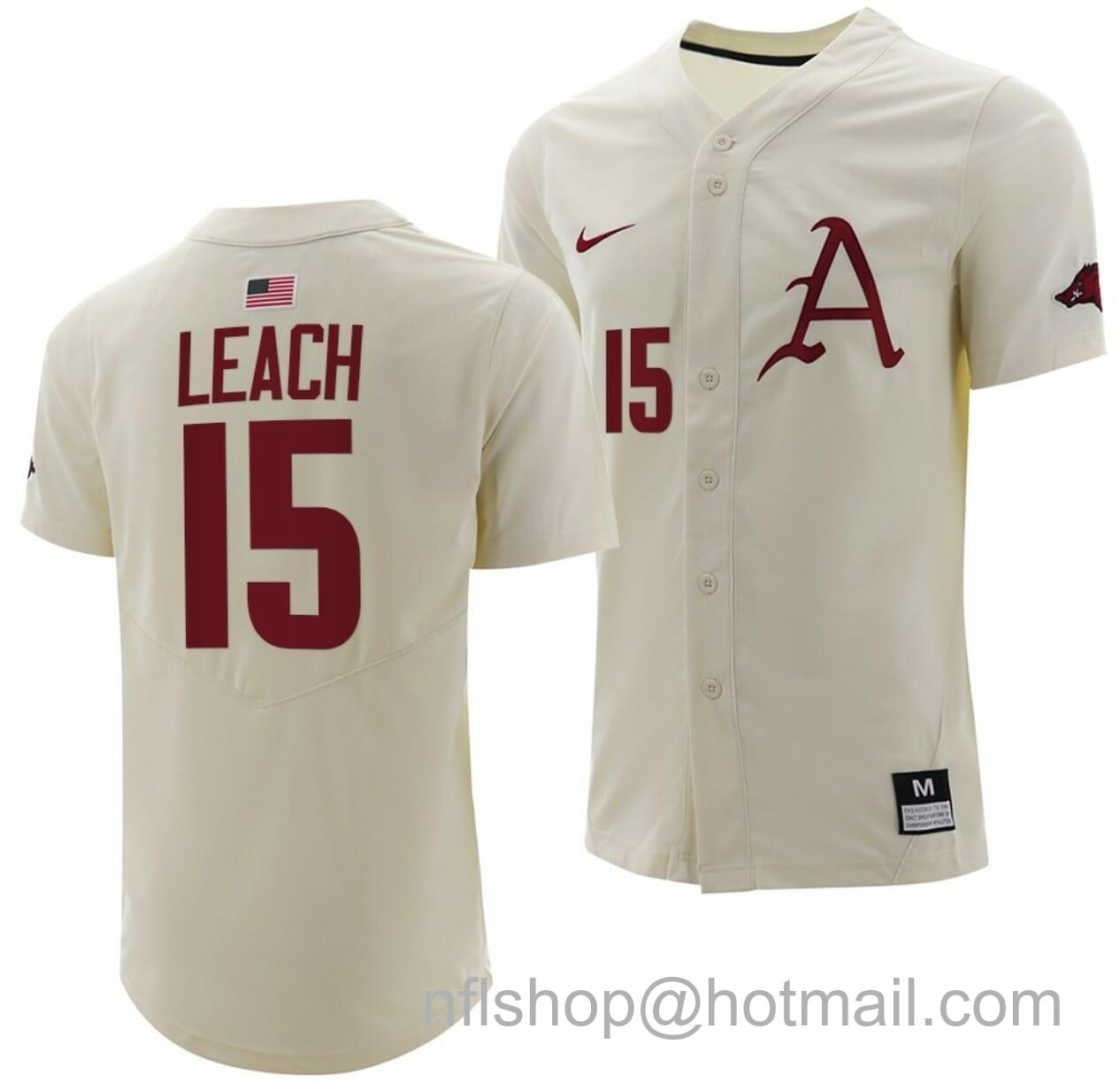 Men's Nike Dylan Leach Jersey Arkansas Razorbacks College Baseball Full-Button Natural #15