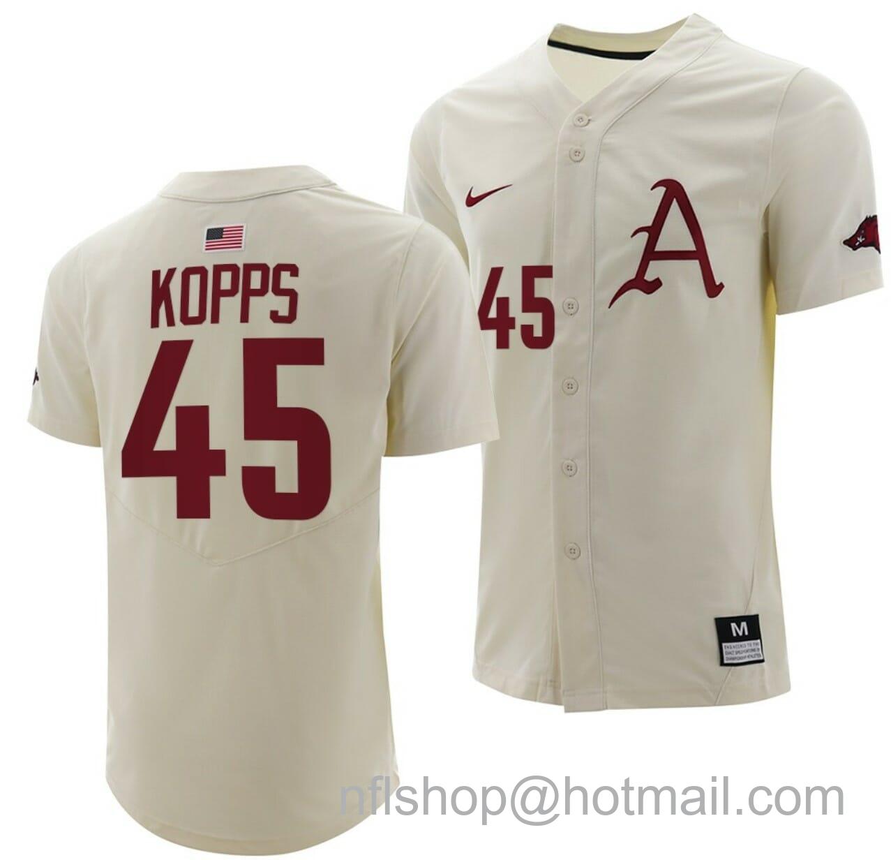 Men's Nike Kevin Kopps Jersey Arkansas Razorbacks College Baseball Full-Button Natural #45