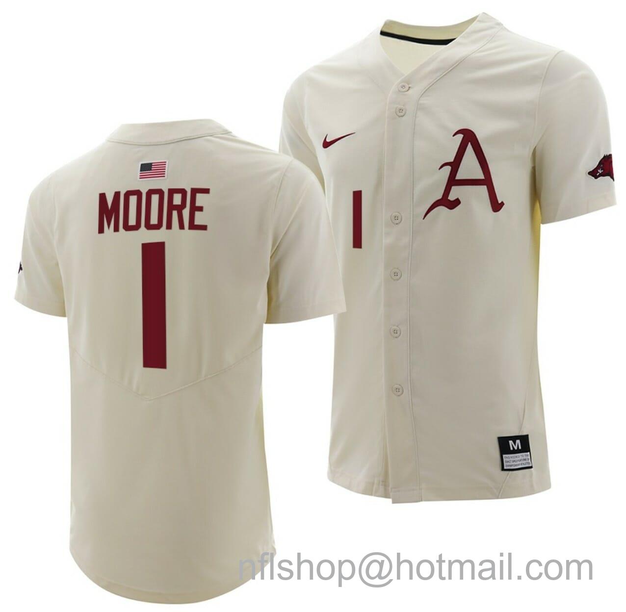 Men's Nike Robert Moore Jersey Arkansas Razorbacks College Baseball Full-Button Natural #1