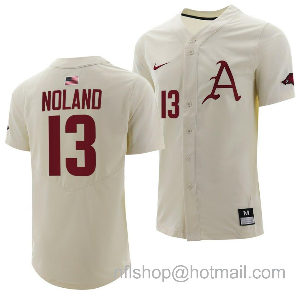 Men's Nike Connor Noland Jersey Arkansas Razorbacks College Baseball Full-Button Natural #13