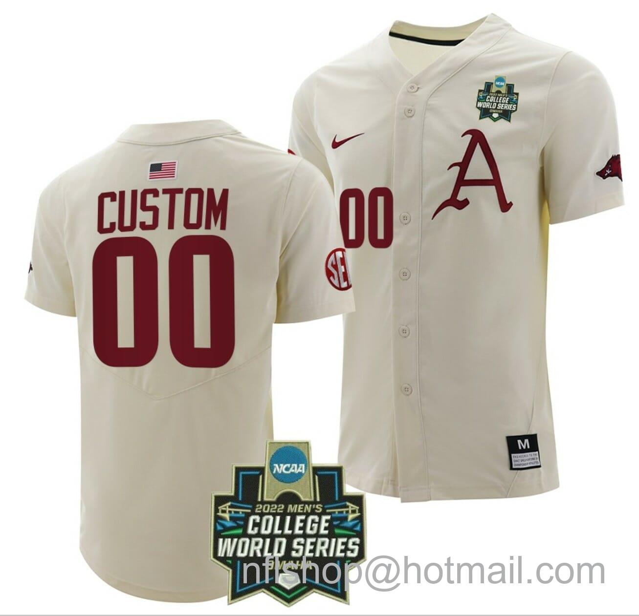 Men's Nike Custom Arkansas Razorbacks Jersey Name and Number Baseball NCAA 2022 College World Series White