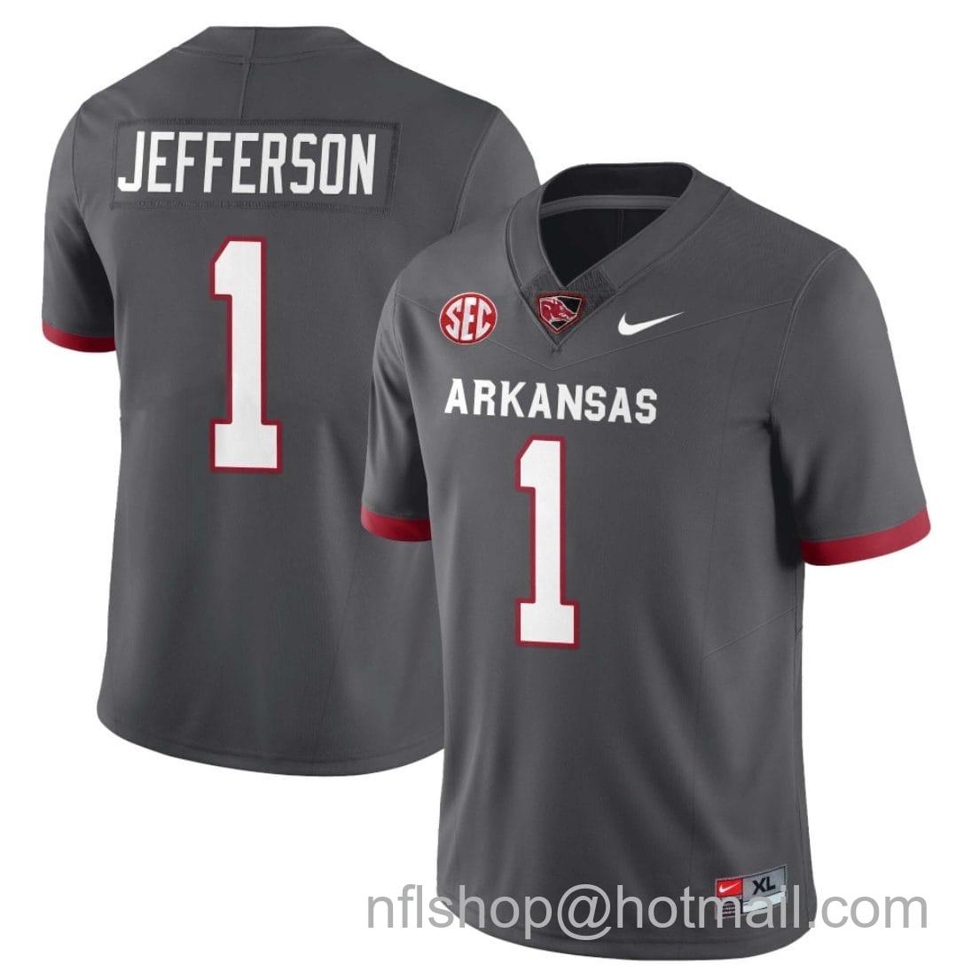 Men's Nike KJ Jefferson Jersey #1 Arkansas Razorback Football All Stitched Gray