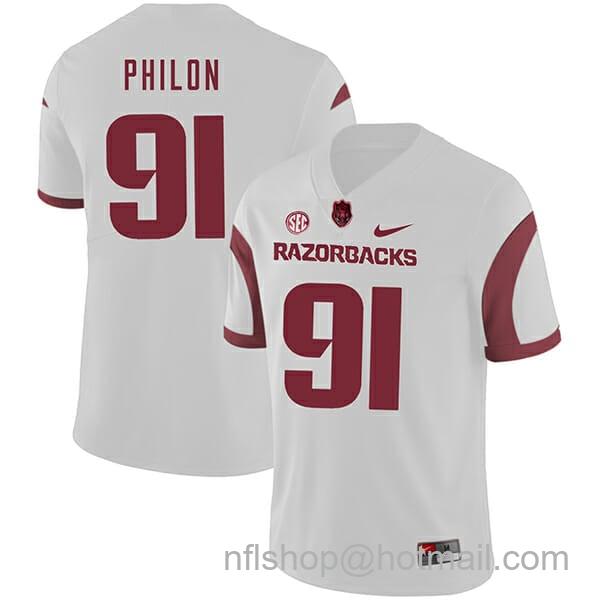 Men's Nike Arkansas Razorbacks #91 Darius Philon College Football Jersey White