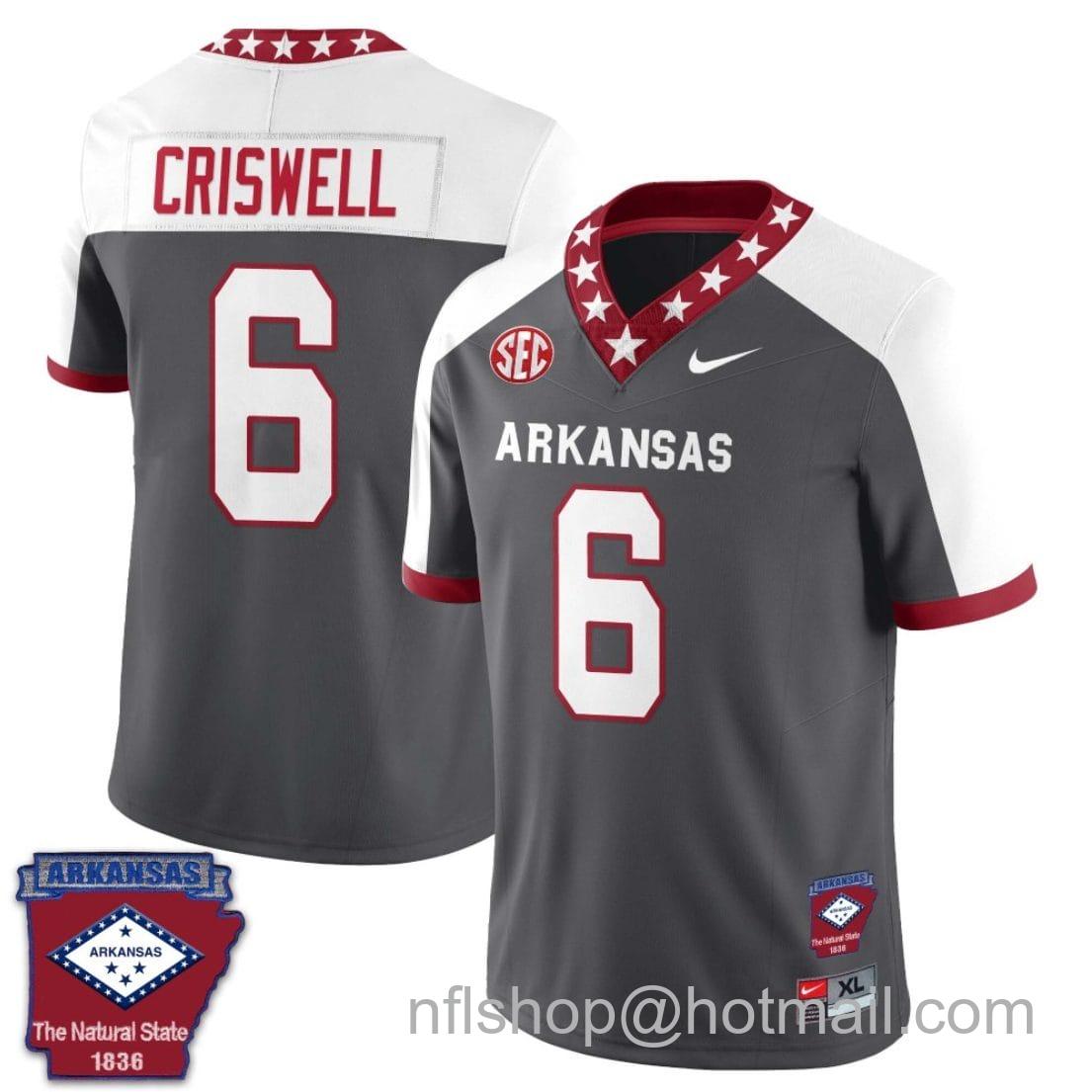 Men's Nike Jacolby Criswell Jersey #6 Arkansas Razorback Football Arkansas Patch White Alternate