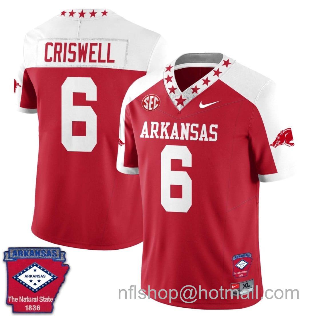 Men's Nike Jacolby Criswell Jersey #6 Arkansas Razorback Football Arkansas State Patch Red Alternate