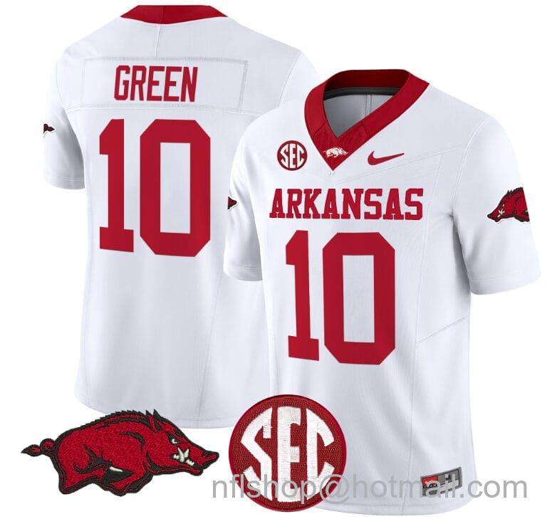 Men's Nike Taylen Green Jersey #10 Arkansas Razorbacks Vapor Limited College Football Stitched White