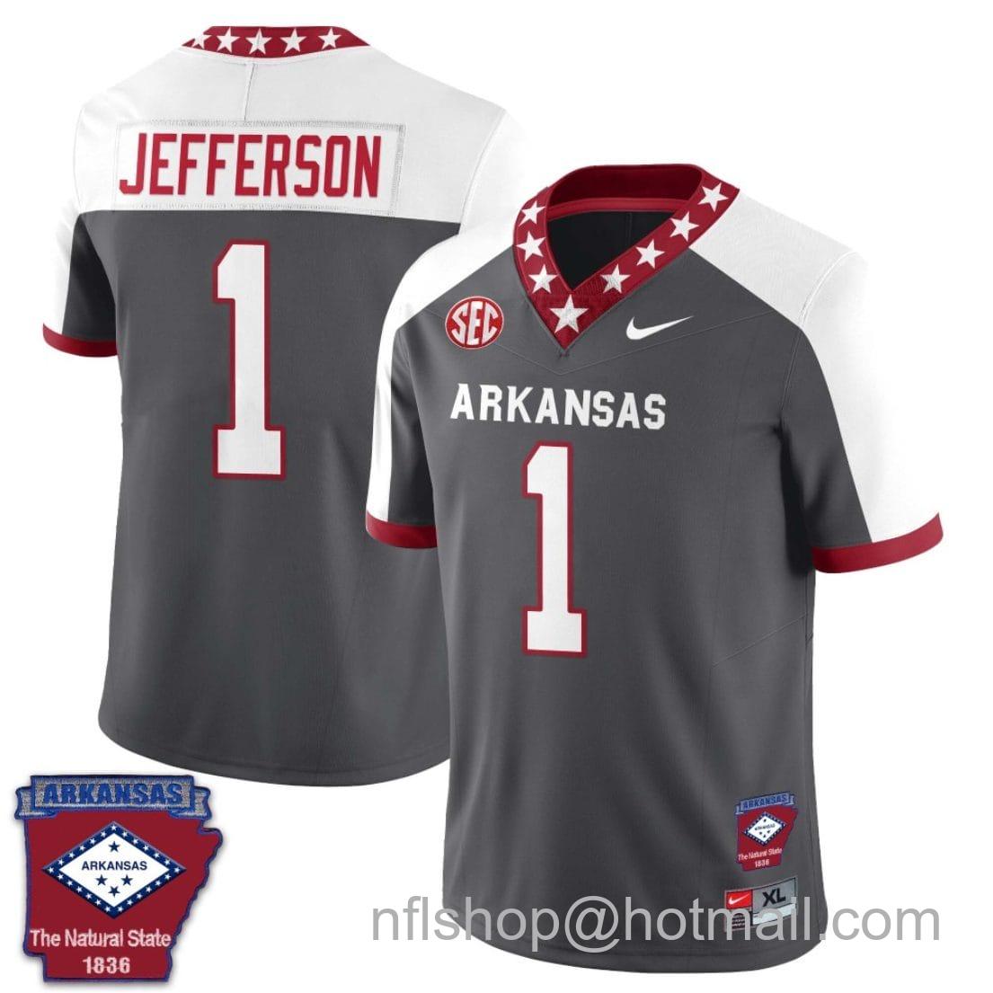 Men's Nike KJ Jefferson Jersey #1 Arkansas Razorback Football Arkansas State Patched All Stitched White Alternate