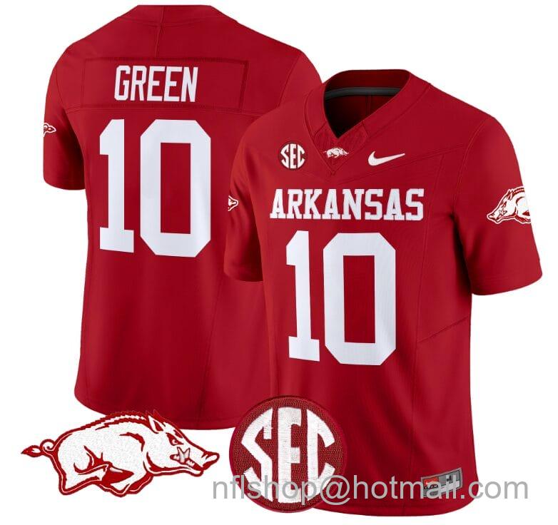 Men's Nike Taylen Green Jersey #10 Arkansas Razorbacks Vapor Limited College Football Stitched Cardinal