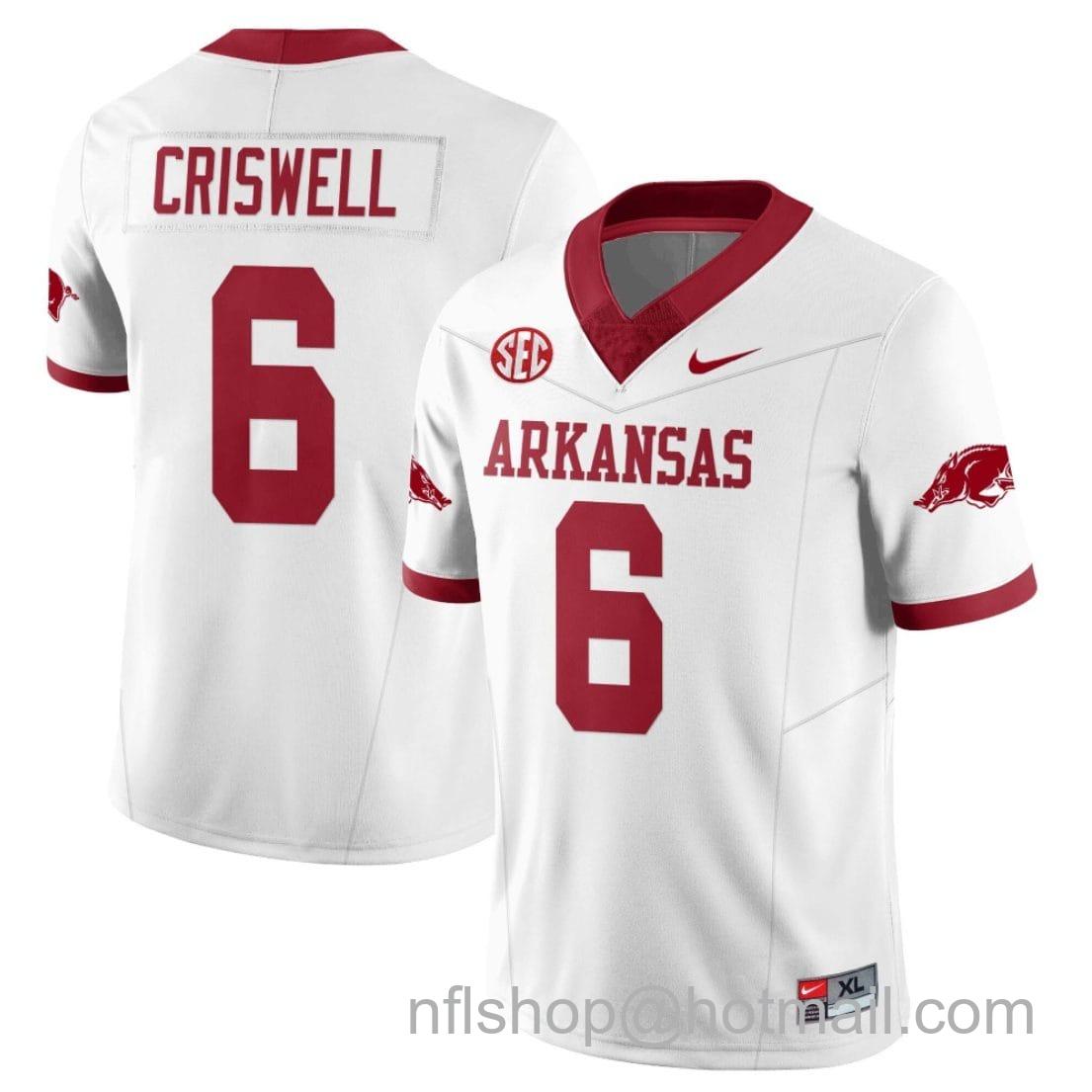 Men's Nike Jacolby Criswell Jersey #6 Arkansas Razorback Football All Stitched White