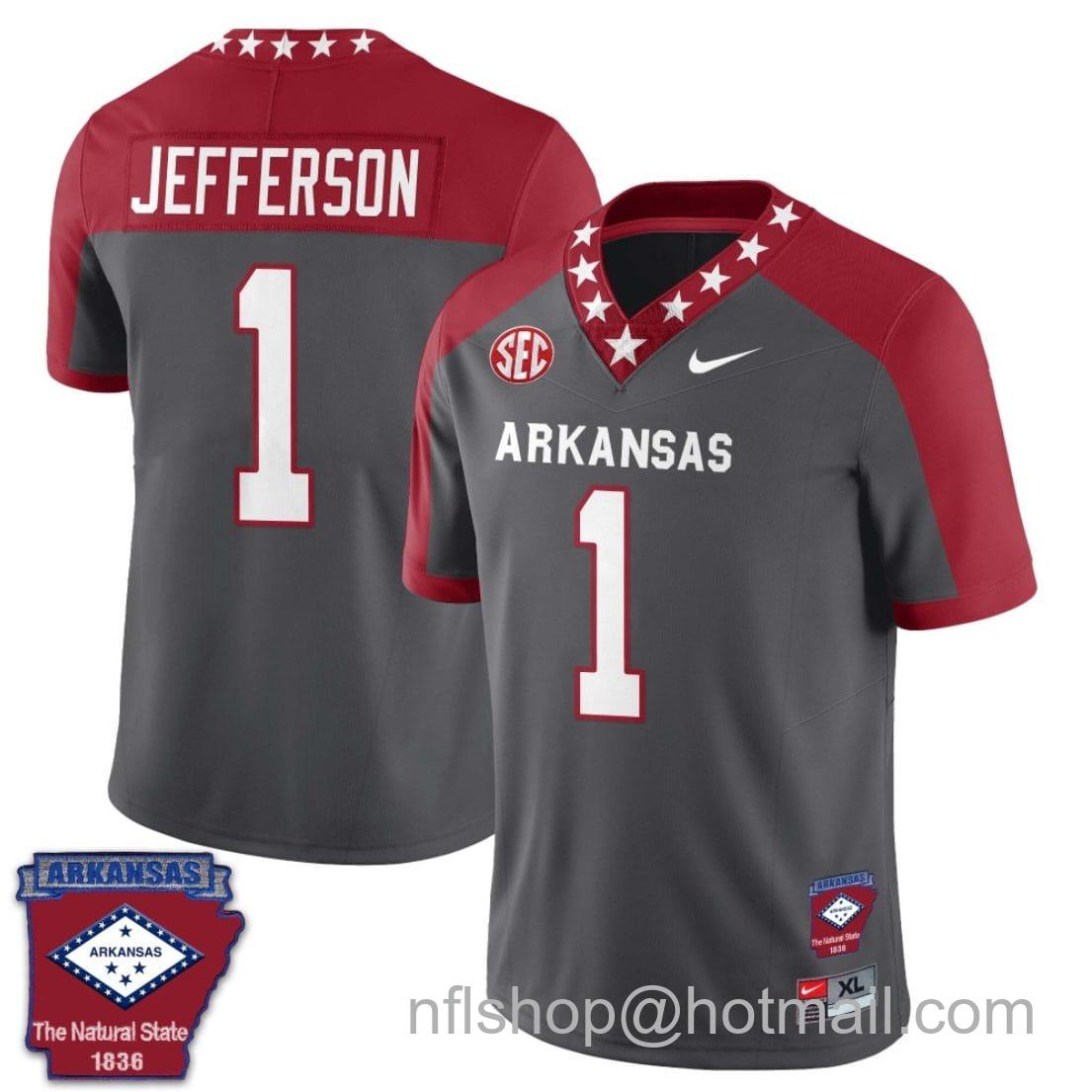 Men's Nike KJ Jefferson Jersey #1 Arkansas Razorback Football Arkansas State Patched All Stitched Red Alternate