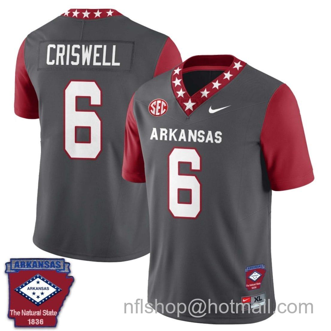 Men's Nike Jacolby Criswell Jersey #6 Arkansas Razorback Football Arkansas Patch Red Sleeves