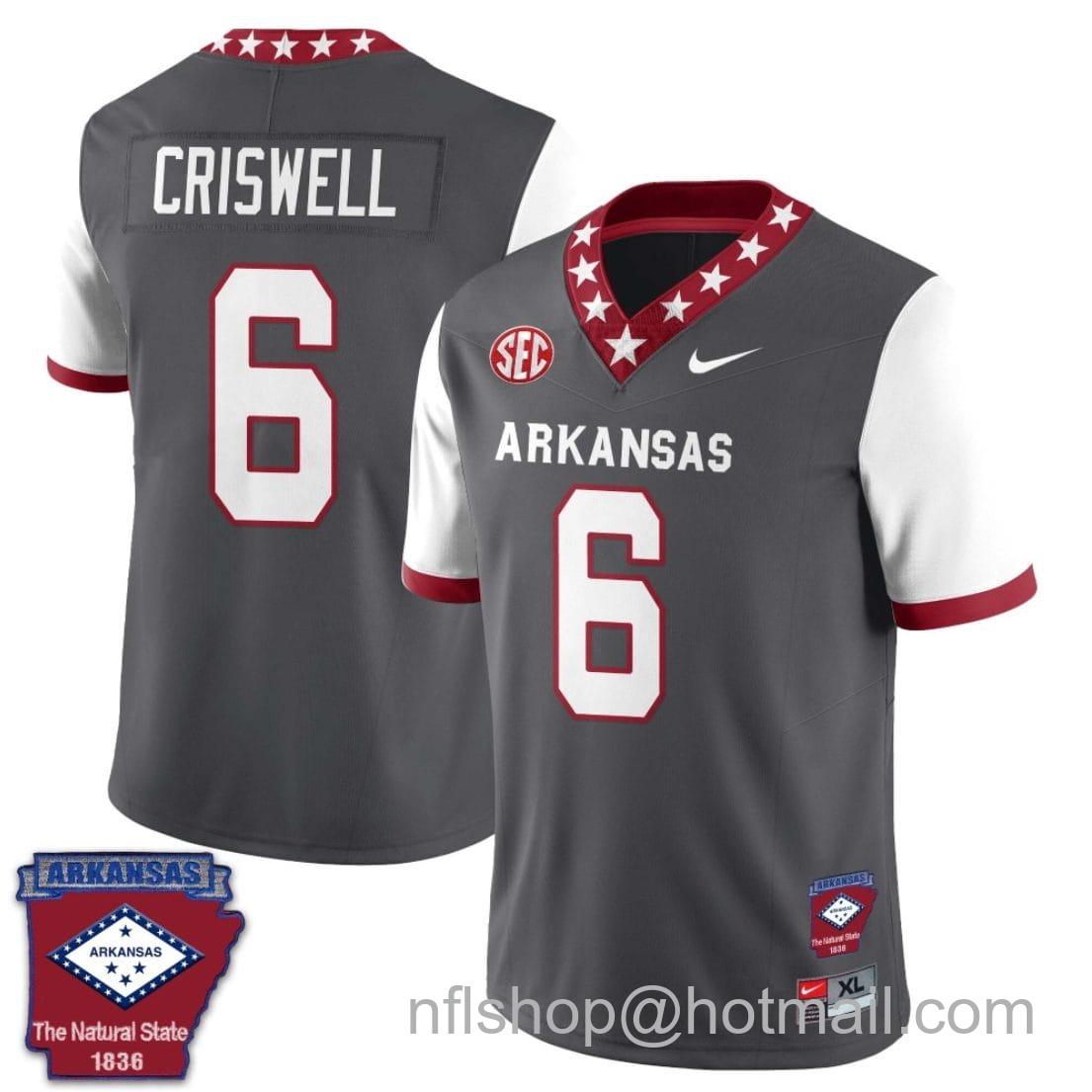 Men's Nike Jacolby Criswell Jersey #6 Arkansas Razorback Football Arkansas Patch White Sleeves