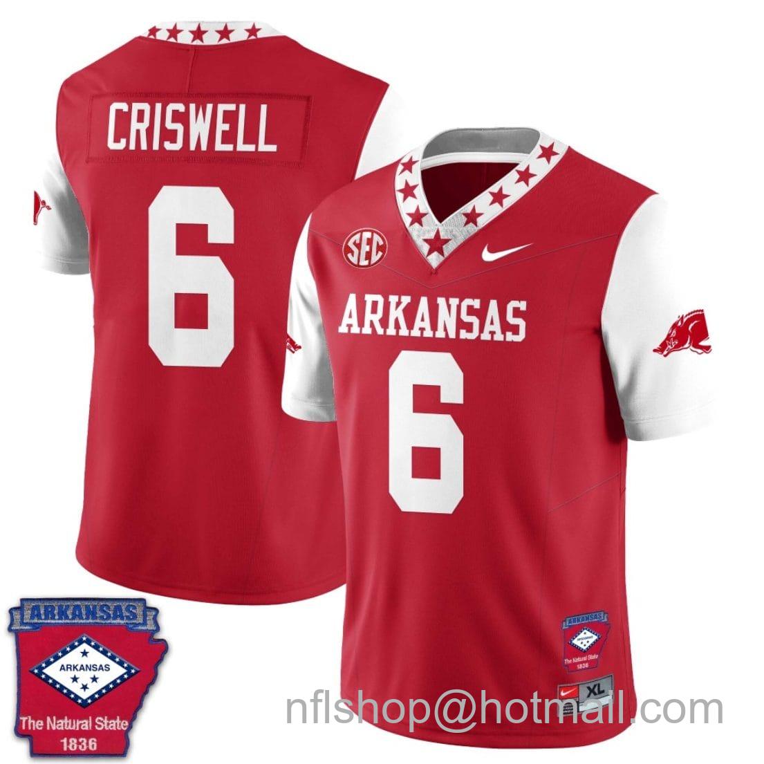 Men's Nike Jacolby Criswell Jersey #6 Arkansas Razorback Football Arkansas State Patch White Sleeves