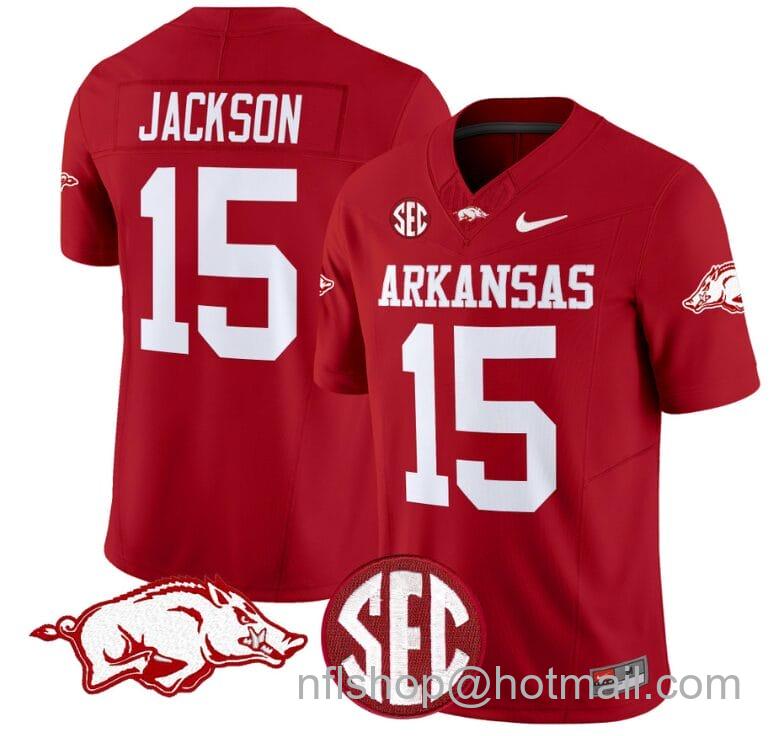 Men's Nike KJ Jackson Jersey #15 Arkansas Razorbacks Vapor Limited College Football Stitched Cardinal