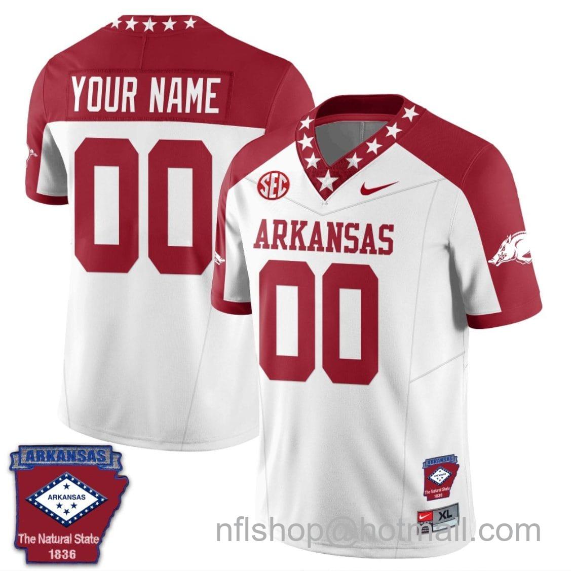 Men's Nike Custom Arkansas Razorback Jersey Name and Number Football The Natural State Patch White Alternate