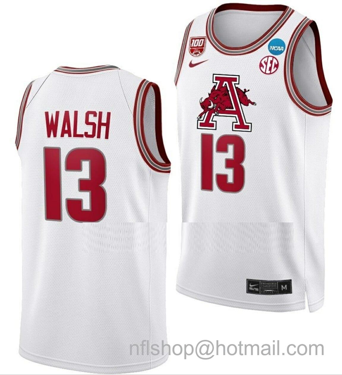 Men's Nike Jordan Walsh Jersey Arkansas Razorbacks College Basketball 2023 NCAA March Madness White #13