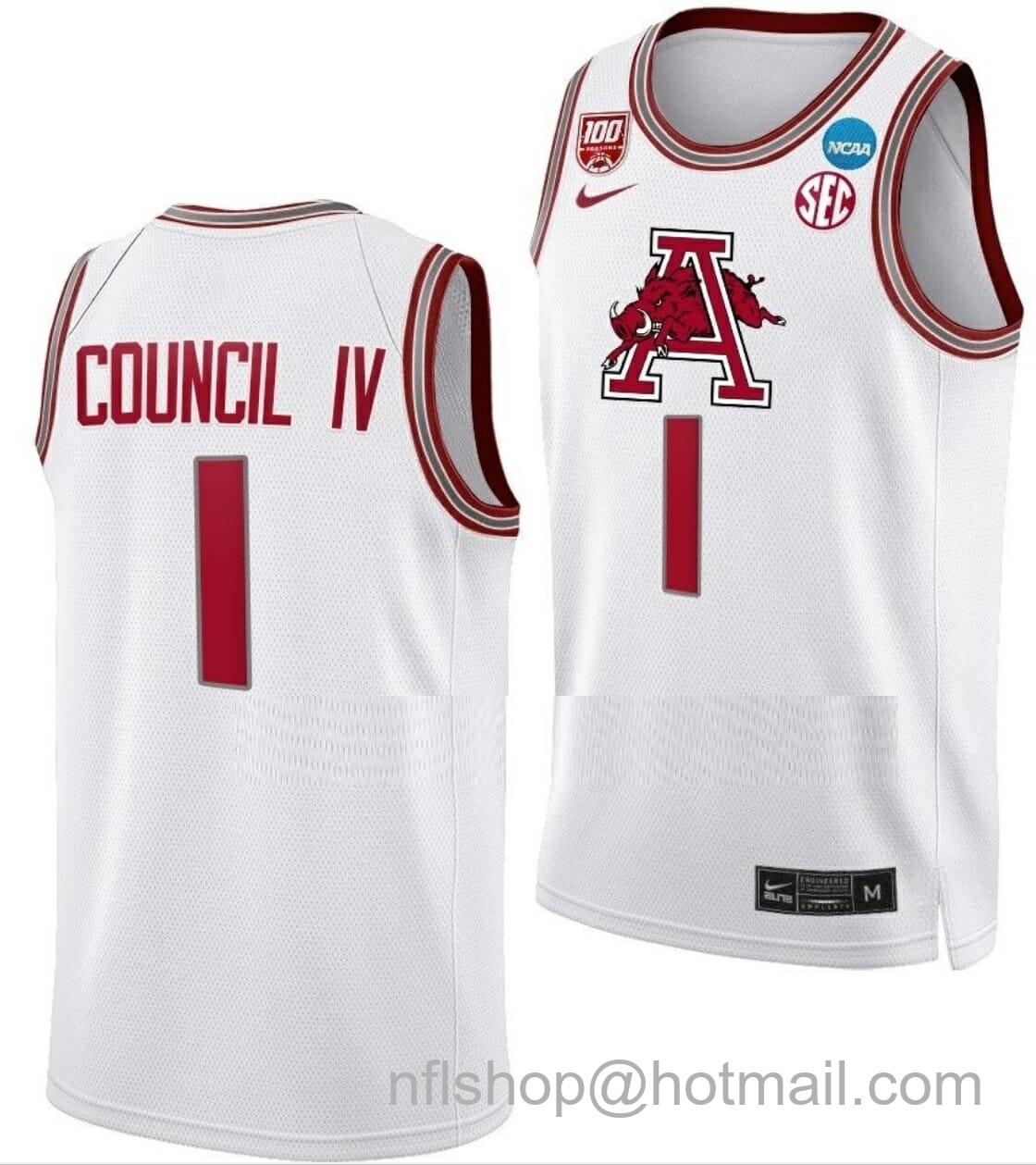 Men's Nike Ricky Council IV Jersey Arkansas Razorbacks College Basketball 2023 NCAA March Madness White #1