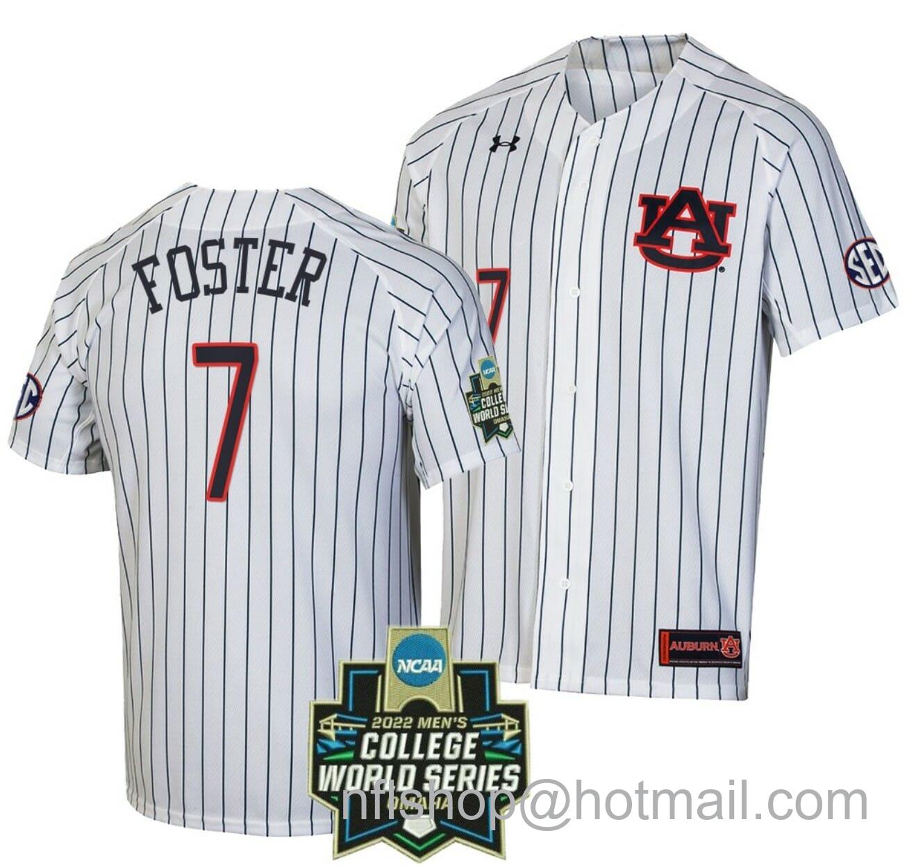 Men's Under Armour Cole Foster Jersey Auburn Tigers Baseball NCAA College 2022 World Series Stripes White #7