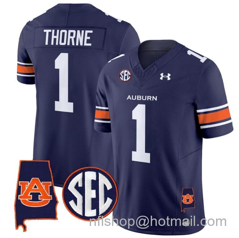 Men's Under Armour Payton Thorne Jersey #1 Auburn Tigers SEC Patch Vapor Limited College Football Stitched Navy