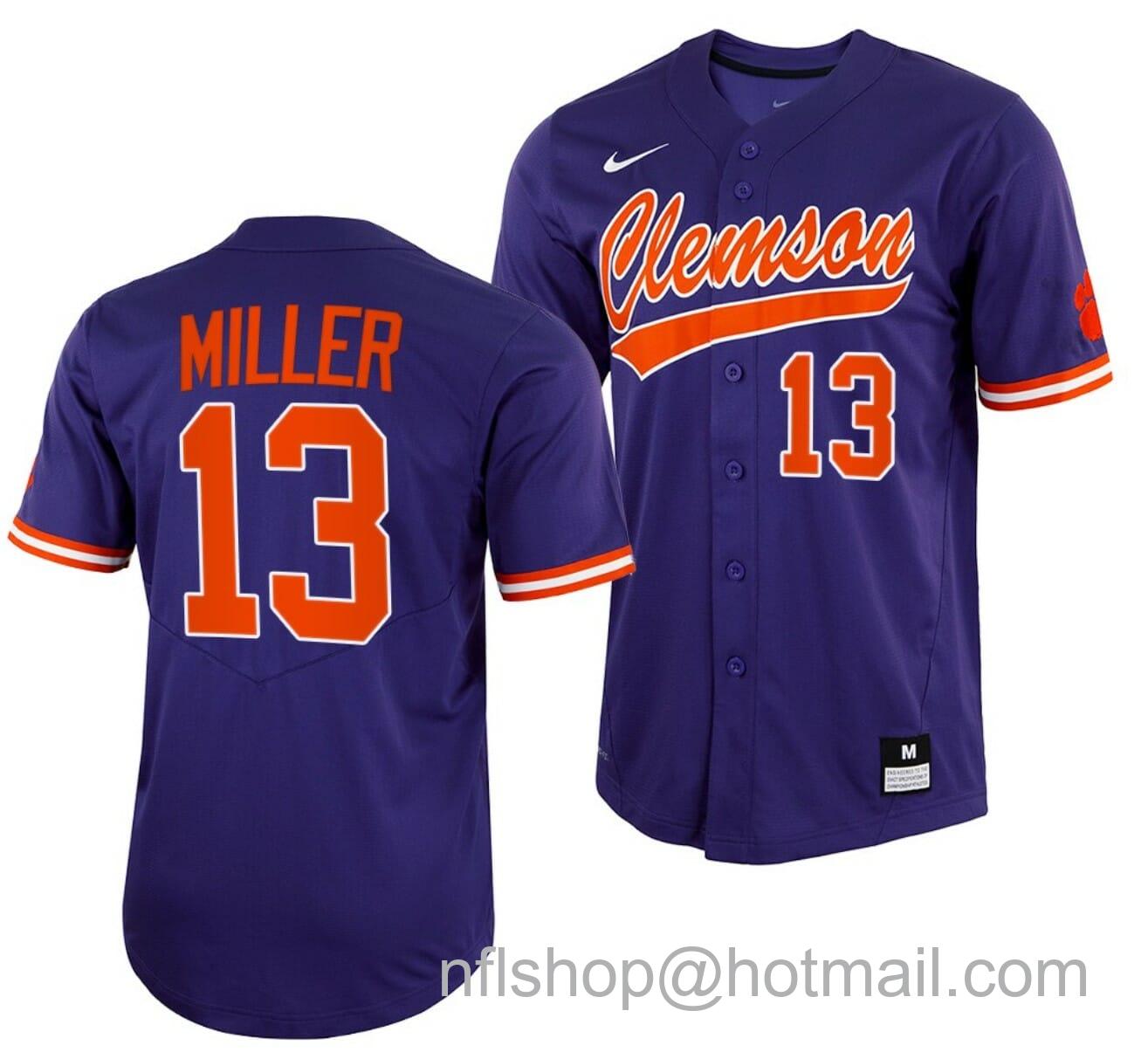 Men's Nike Brad Miller Jersey Clemson Tigers College Baseball Purple Full-Button #13