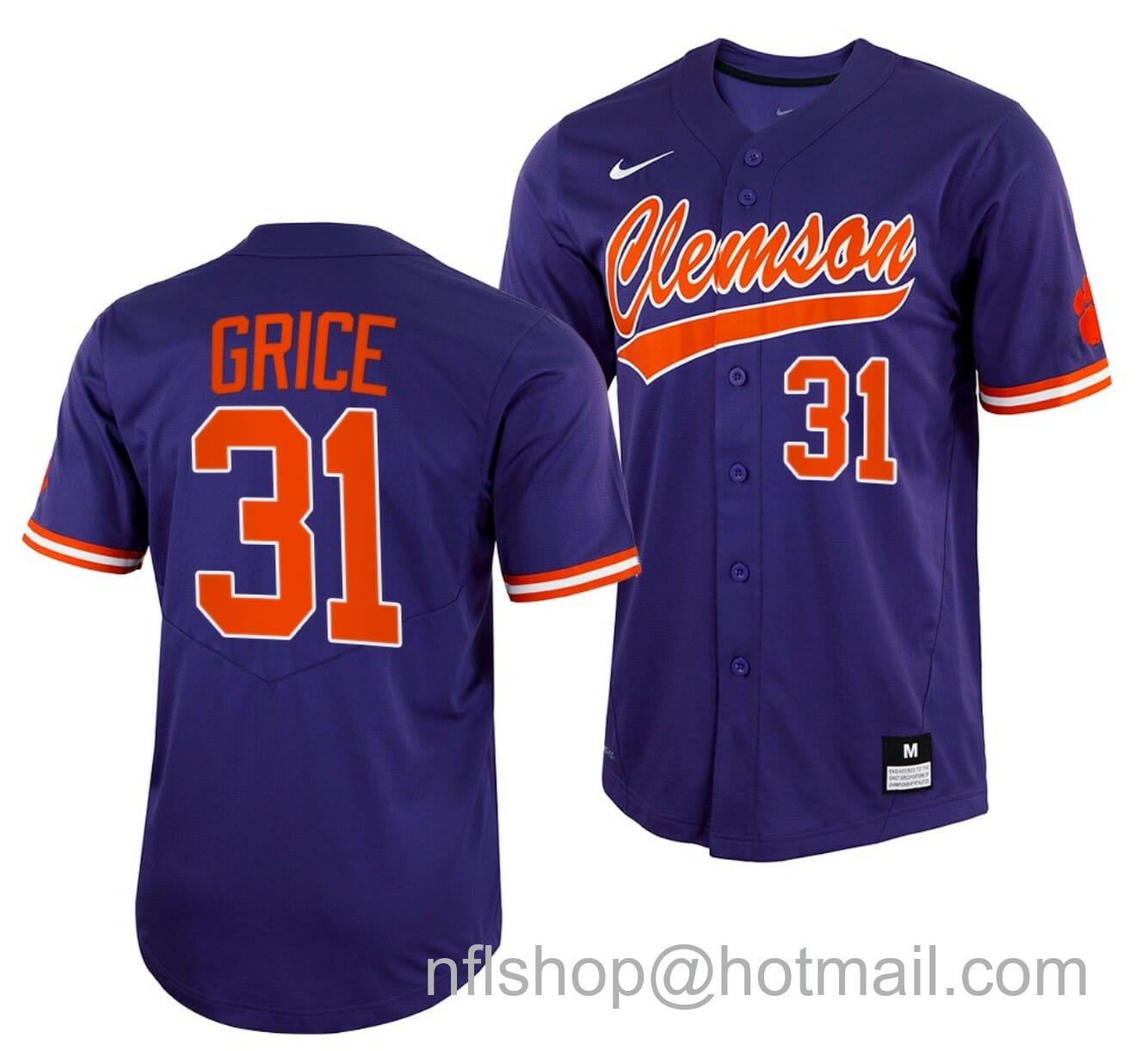 Men's Nike Caden Grice Jersey Clemson Tigers College Baseball Purple Full-Button #31