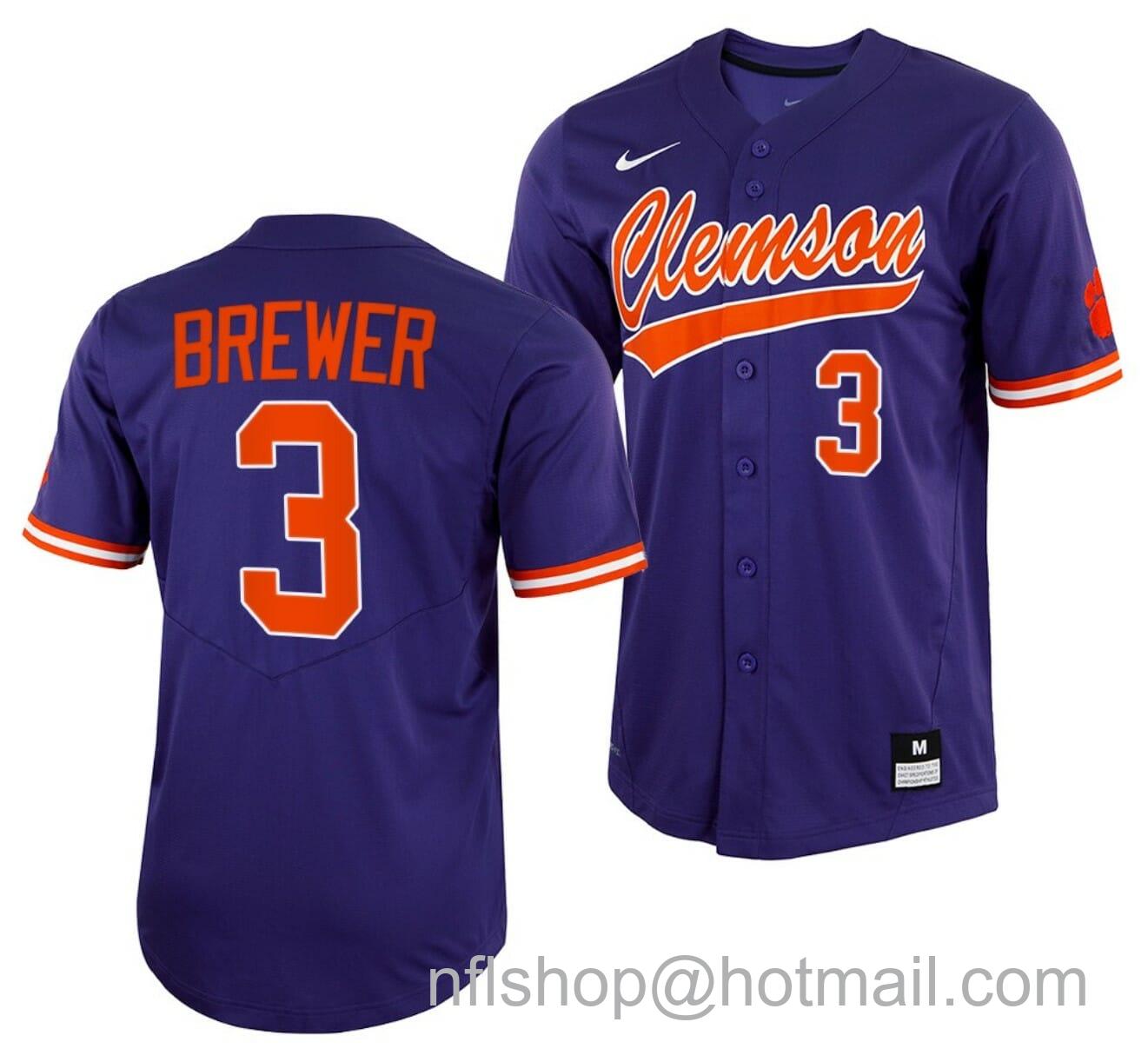 Men's Nike Dylan Brewer Jersey Clemson Tigers College Baseball Purple Full-Button #3